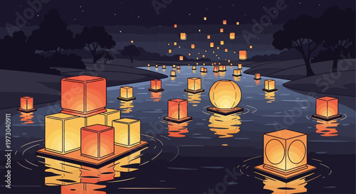Floating glowing lanterns on river and paper lanterns in night sky illustration