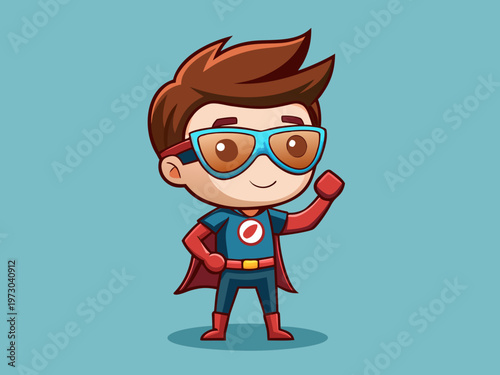 Brave young chibi boy in heroic suit with red cape and mask