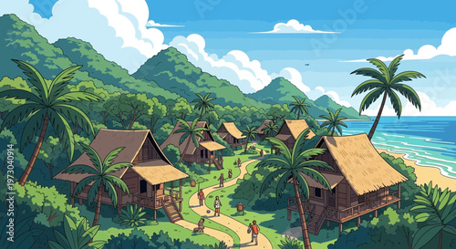 Pixel Art Tropical Village with Beach, Mountains, and Palm Trees - Vibrant Scenery