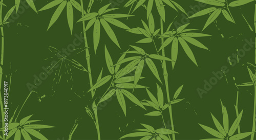 Green bamboo leaves and stems forest illustration pattern in minimalist zen style.