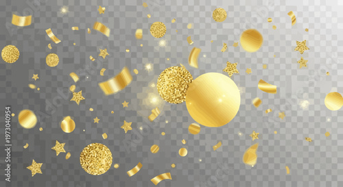 Golden glitter confetti and stars falling on transparent background for festive celebration