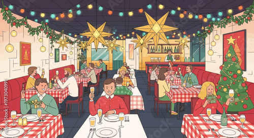 People enjoying a festive Christmas celebration dinner in a beautifully decorated restaurant.