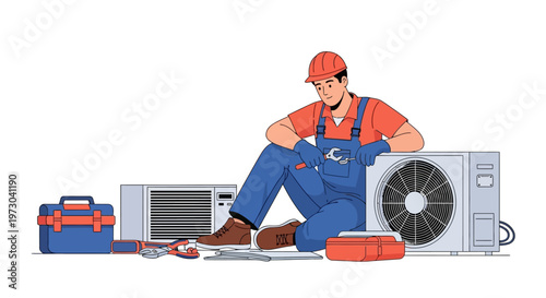 HVAC maintenance vector showing an AC technician illustration of a professional cleaner sitting near an air conditioning unit for filter cleaning, with tools, against a clean white
