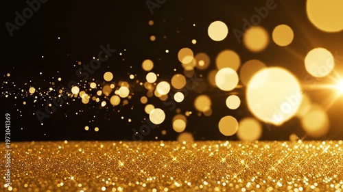 Golden glitter particles scattered on a dark surface with glowing yellow bokeh lights and a bright lens flare against a black background for celebratory abstract visual effects.