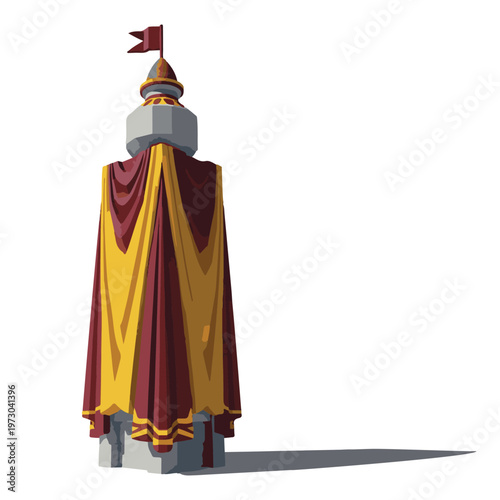 Ancient Monument Tower with Decorative Banner and Shadow on White Background