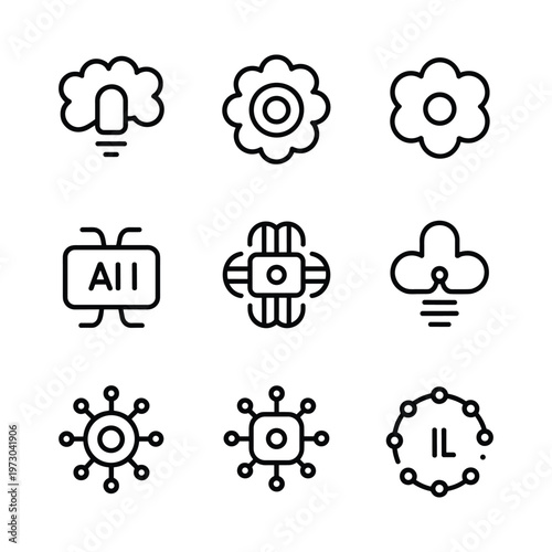Black line icons of AI, Cloud computing and neural networks in silhouette