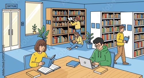 Diverse students reading and studying in a bright, modern library with bookshelves and laptops.