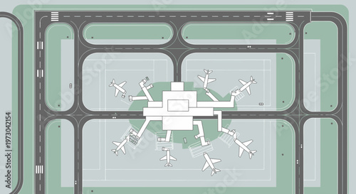 Top View Airport Terminal with Airplanes and Runways, Modern Aviation Hub