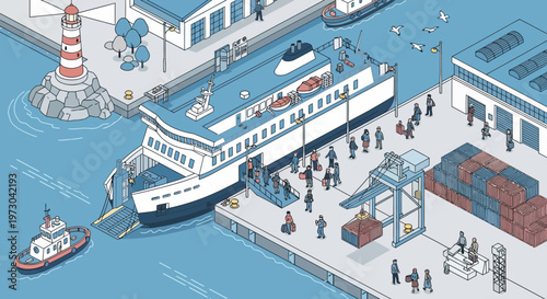 Isometric ferry terminal with passengers boarding, cargo cranes, and lighthouse.