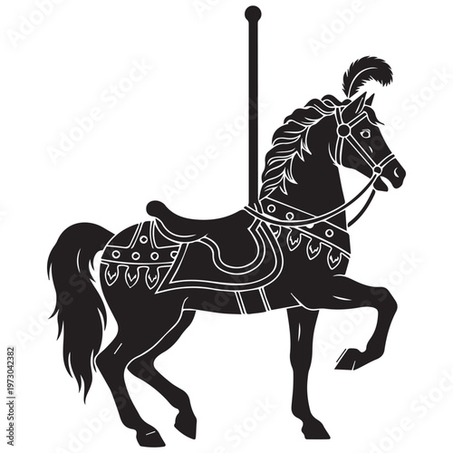 Detailed black silhouette of a vintage carousel horse with saddle and central pole