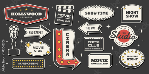 Retro Hollywood cinema sticker set with studio signs, movie arrows, red carpet, award and more. Vector illustration for cinema, entertainment, mid century Americana 1950s style