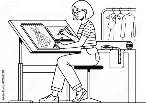 Woman drawing on drafting table.