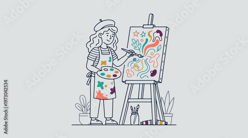 Woman painting on canvas board.