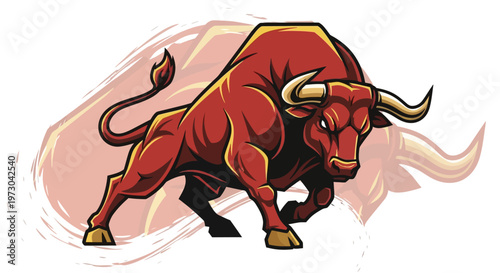 Aggressive red bull charging forward with horns