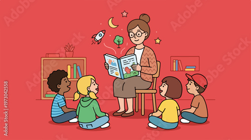 Woman reading to children.