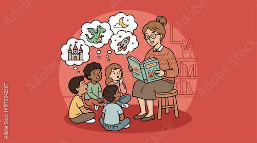 Woman reading to children.