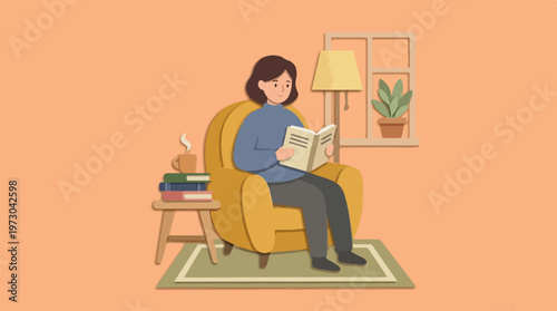 Woman Sitting on Yellow Couch.