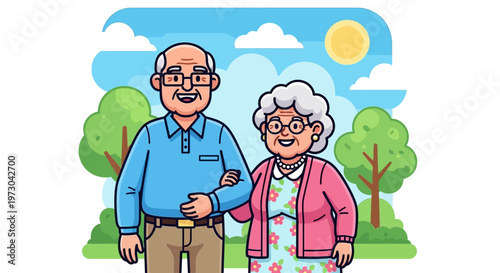 Smiling senior couple walking together in a sunny park.