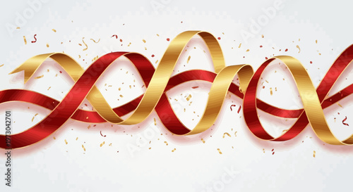 Decorative red and gold ribbons with falling confetti for celebration
