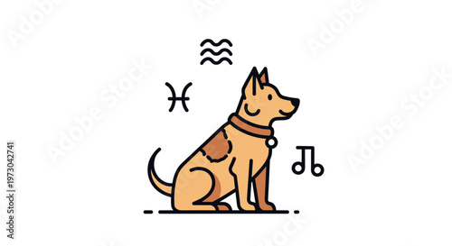 Zodiac dog icon with astrological symbols in minimalist line art style