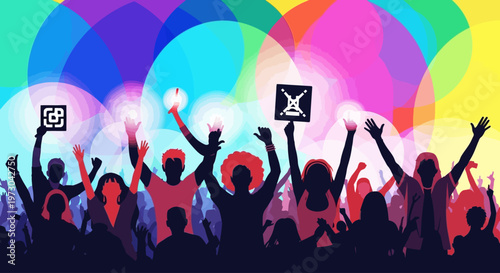 Silhouettes of a cheering crowd at a vibrant music festival with colorful lights