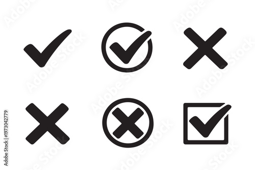 A collection of minimalist checkmarks, cross marks, location pins, and navigation symbols for web and app design.