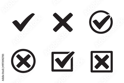 A collection of minimalist checkmarks, cross marks, location pins, and navigation symbols for web and app design.