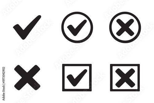 Editable check and cross marks representing approval, rejection and validation actionsset of  white background