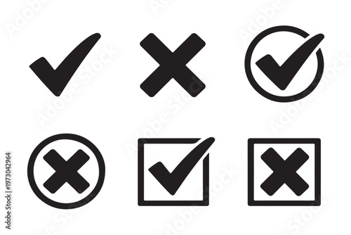 Editable check and cross marks representing approval, rejection and validation actionsset of  white background