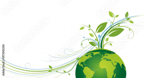 Green earth globe with growing leaves and swirling lines on white background symbolizing environmental conservation and sustainability