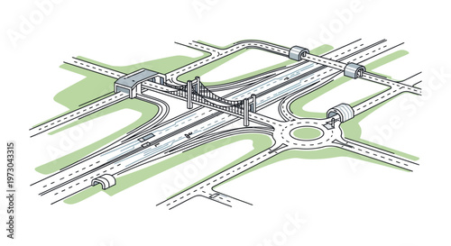 Modern interchange with bridge, tunnel, and roundabout for efficient traffic flow