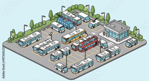 Isometric Pixel Art Bus Station with Various Buses and Trolleybuses