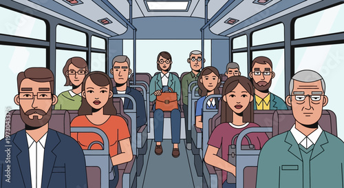 Diverse commuters on a bus, illustrating daily public transport and urban lifestyle.