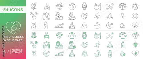 Wellness and Healthy Lifestyle Outline Icons Set with Meditation, Fitness, Nutrition, Sleep and Self Care Line Icons Editable Stroke Vector Collection