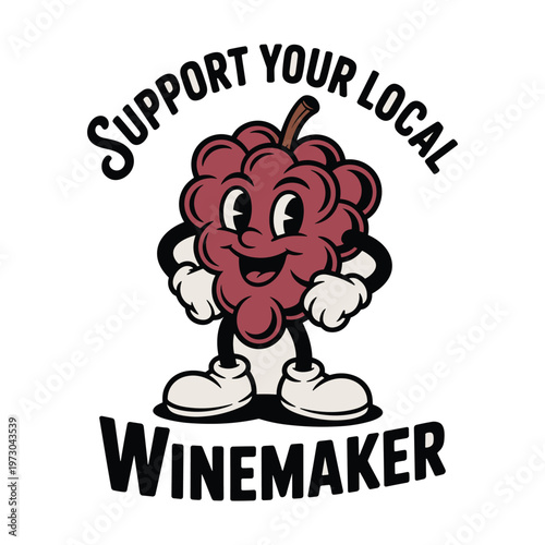 Cartoon grape character supporting local winemaker with text