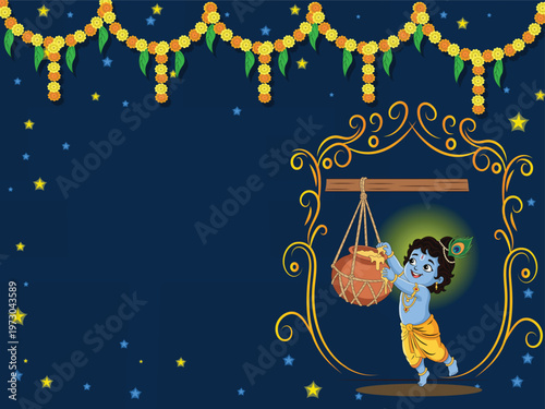 Little Krishna Stealing Butter from Dahi Handi, Happy Janmashtami Festive Vector Background with Copy Space
