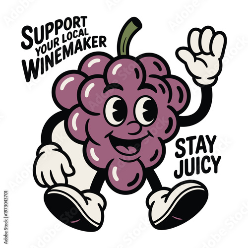 Cartoon grape character with Support Your Local Winemaker text