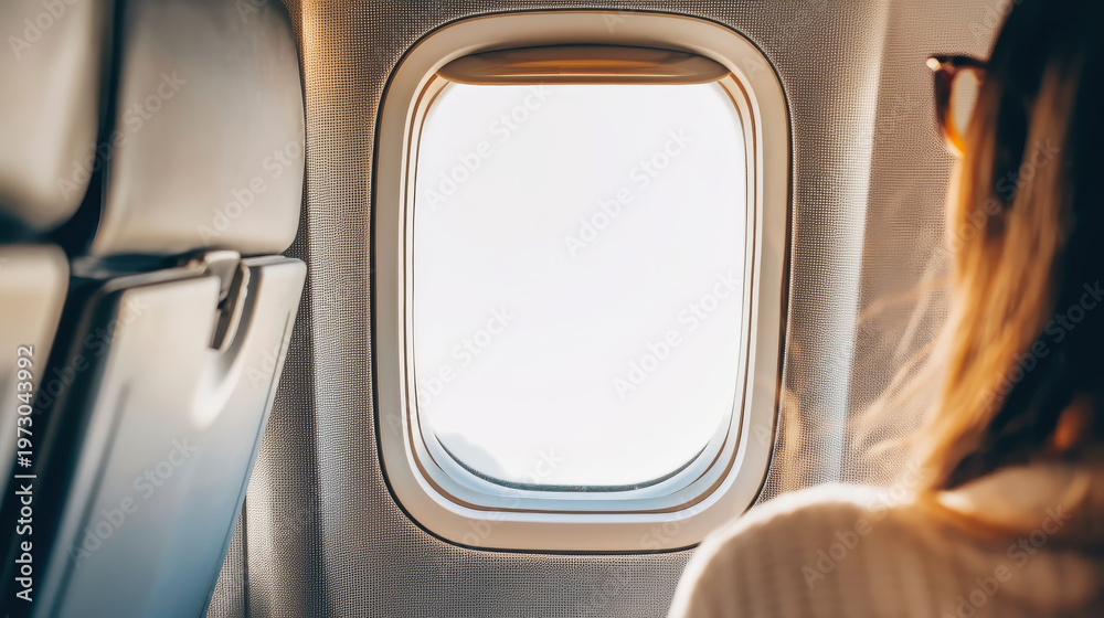 Fototapeta premium Airplane window view with passenger looking outside, travel and vacation concept, soft light minimal scene