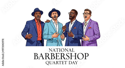 A cappella singing is celebrated in this vibrant vector illustration, featuring a male vocal quartet in colorful suits harmonizing on stage against a clean white backdrop, embodying