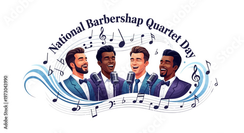 A vibrant vector illustration celebrating National Barbershop Quartet Day, featuring four diverse male singers harmonizing around a vintage microphone, surrounded by musical notes