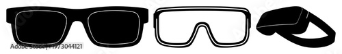 Augmented reality glasses set with solid black vector icon on white background featuring icon, black and white, simple, outline with AR and wearable tech