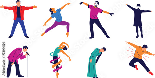Set of People Stretching and Exercising in Different Poses, Cartoon Characters Performing Warm Up, Fitness Workout, Flexibility Training and Healthy Lifestyle Activities