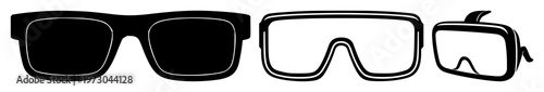 Augmented reality glasses set with solid black vector icon on white background featuring icon, black and white, simple, outline with AR and wearable tech
