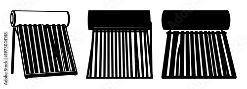 Solar thermal water heater set with solid black icon on white background featuring renewable energy, heating, water treatment with sustainable efficiency and clean technology