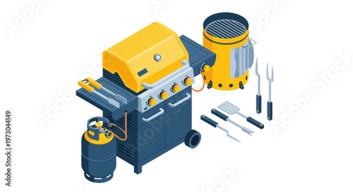 Barbecue Grill Set with Gas Cylinder and Utensils, Isometric View