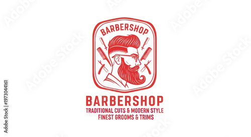 Barbershop Emblem with Vintage Style Man, Razors, and Text