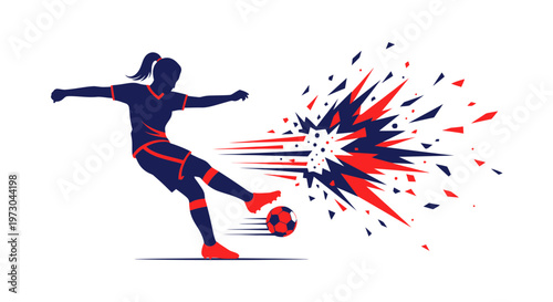 Female Soccer Player Kicking Ball with Explosive Energy Burst