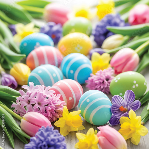 Colorful Easter Eggs and Spring Flowers.