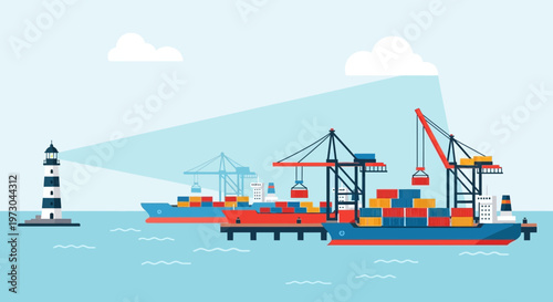Container Ship Port with Lighthouse and Cranes