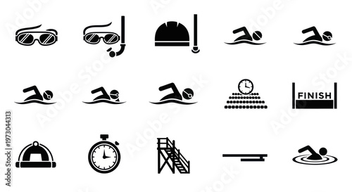 Swimming Icons: Goggles, Snorkel, Cap, Swimmers, Stopwatch, Finish Line, Dive Board